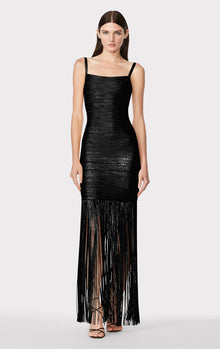 Banded Foil Fringe Gown | Black Foil