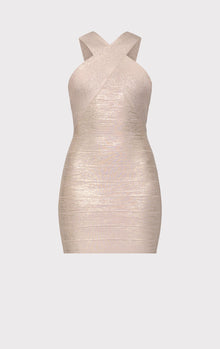 Glitter Foil Halter Mini Dress | Rose Gold Foil