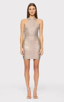 Glitter Foil Halter Mini Dress | Rose Gold Foil