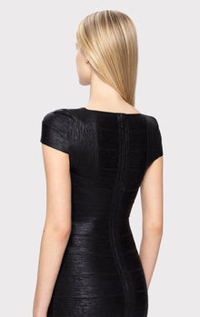 Foil Cap Sleeve Flare Skirt Bandage Dress | Black Foil