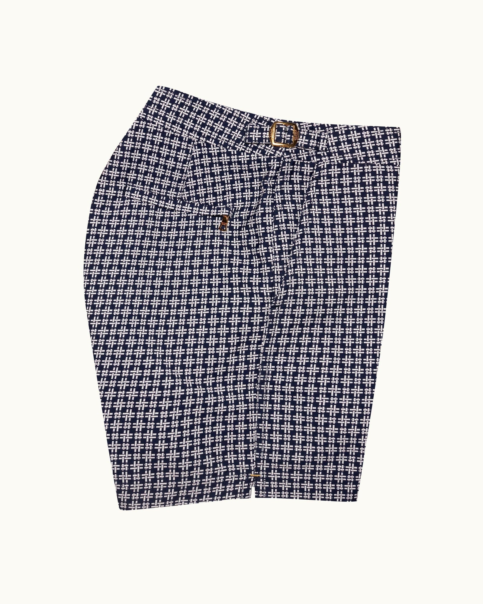 Bulldog 007 Midnight Navy/White Sand Geometric Jacquard Mid-Length Swim Shorts | Midnight Navy/White Sand