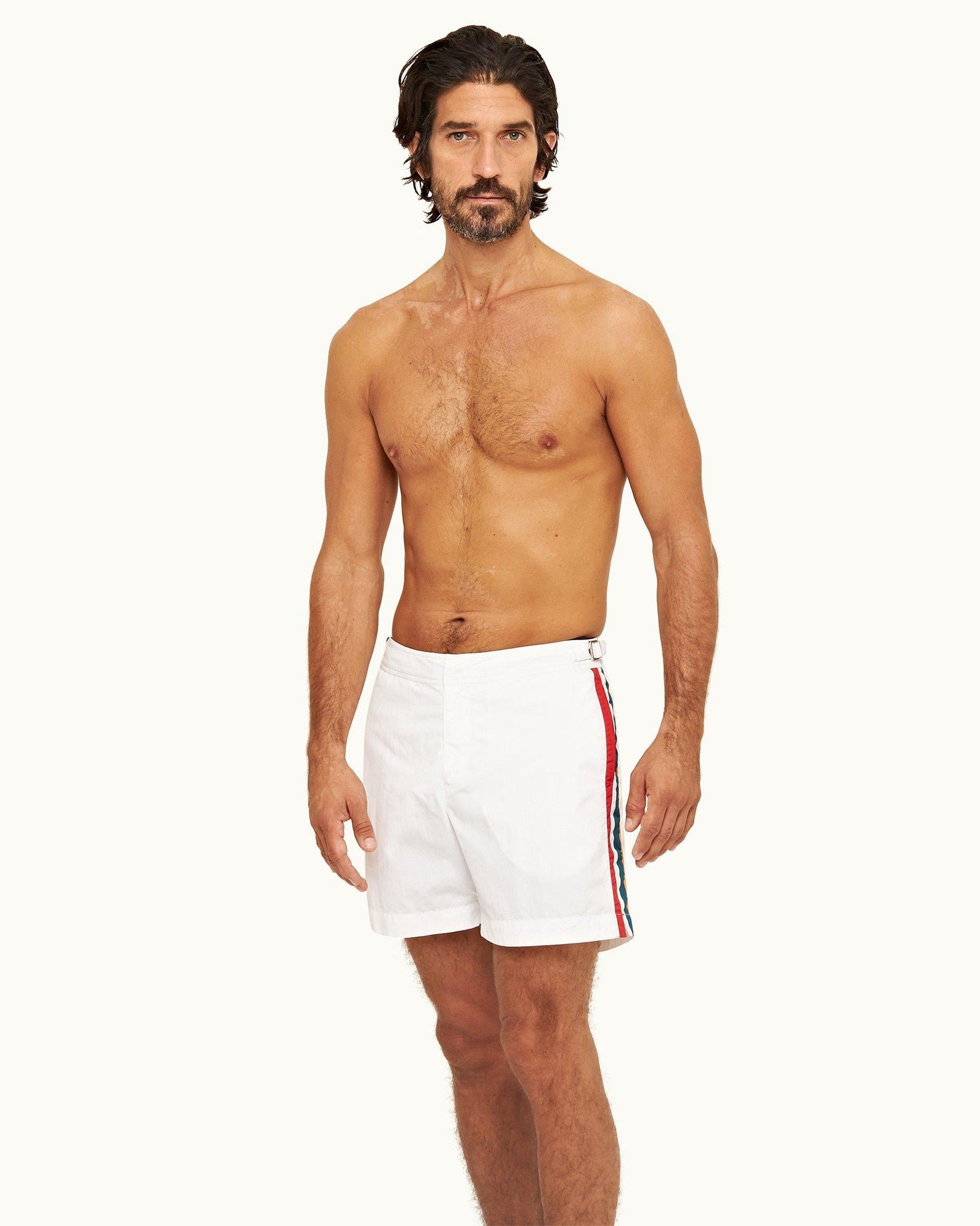 White O.B Stripe Panel Mid-Length Swim Shorts | White
