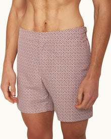 Bulldog Geo Print Mid-Length Swim Shorts Woven In France in Summer Red/White Sand colour | Summer Red/White Sand