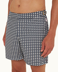 Bulldog White Sand/Night Iris Ribbon Print Mid-Length Swim Shorts | White Sand/Night Iris