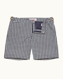 Bulldog White Sand/Night Iris Ribbon Print Mid-Length Swim Shorts | White Sand/Night Iris