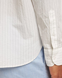 White Pinstripe Grandad Collar Cotton Shirt | White