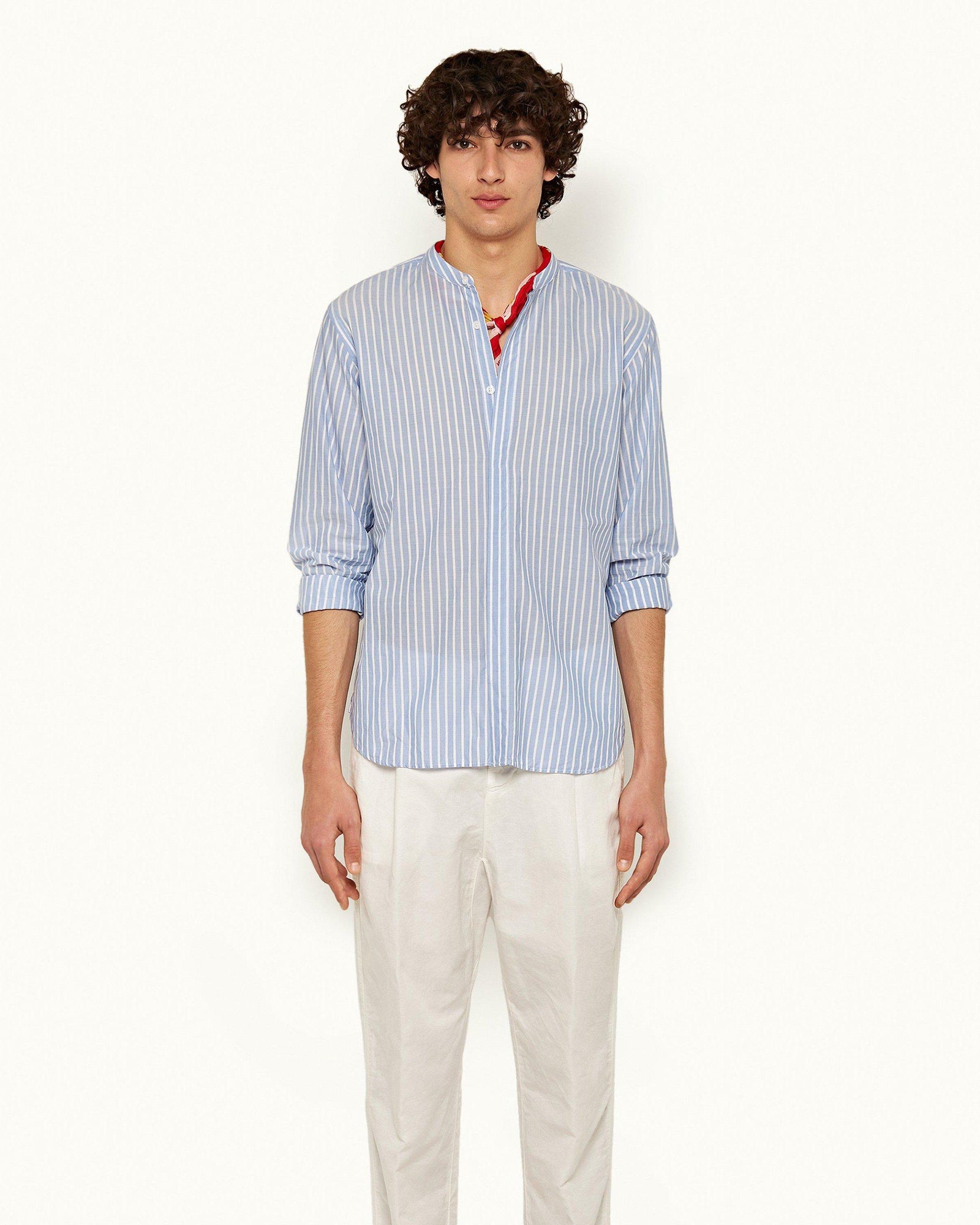 Ice Blue/White Grandad Collar Classic Stripe Shirt | Ice Blue/White