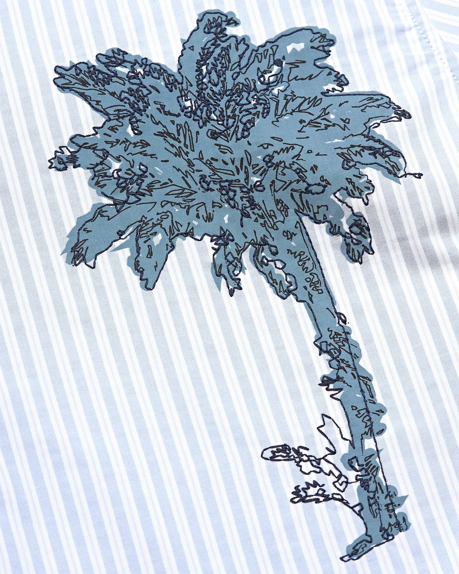 Light Island Sky/White Stripe Palm Embroidery Capri Collar Cotton Shirt | Light Island Sky/White