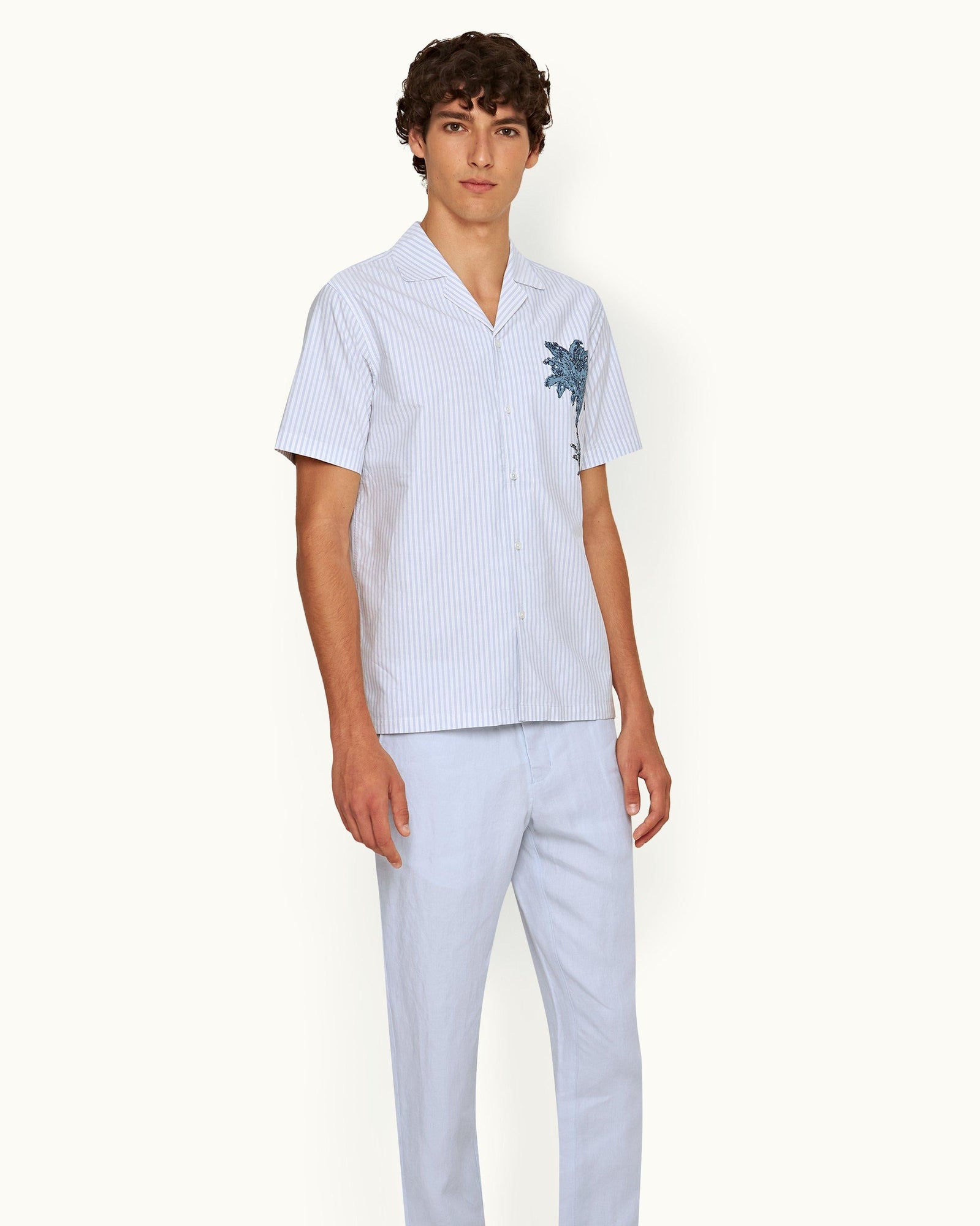 Light Island Sky/White Stripe Palm Embroidery Capri Collar Cotton Shirt | Light Island Sky/White