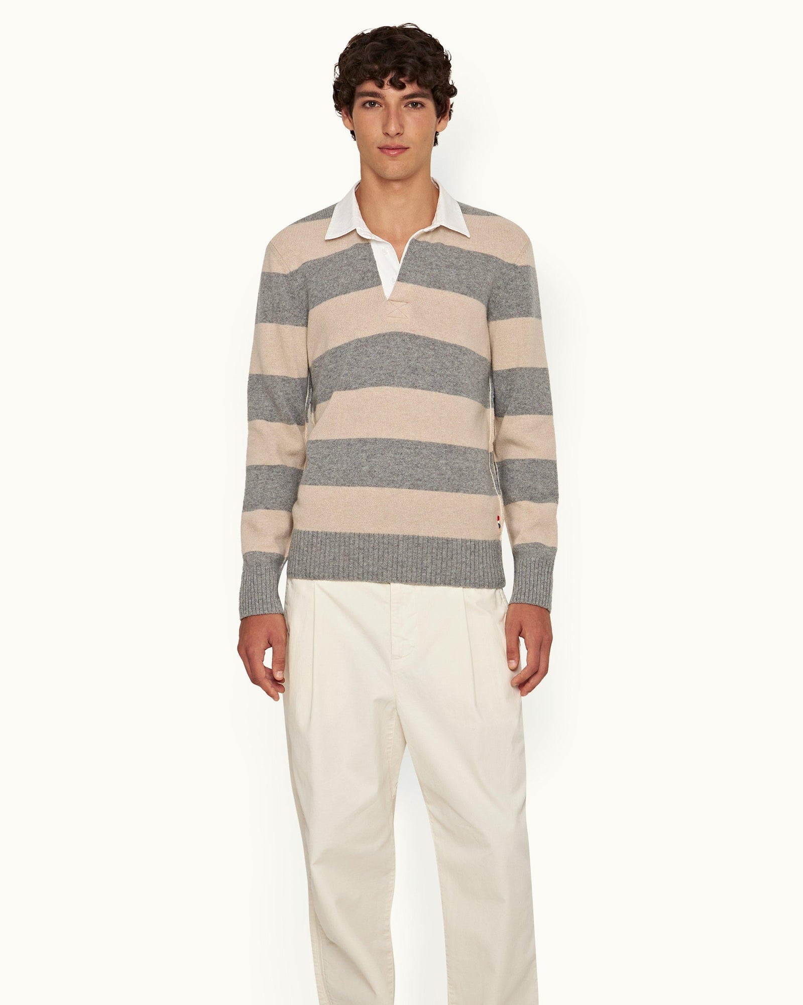 Granite Stripe Merino Knit Long-Sleeve Polo Shirt | Granite