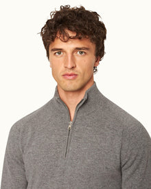 Light Grey Melange Classic Fit Half-Zip Cashmere Jumper | Light Grey Melange