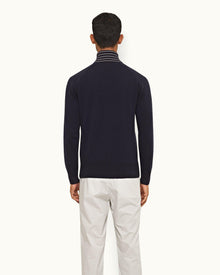 Night Iris/Sea Mist Stripe Rib Collar Cashmere Half-Zip Jumper | Night Iris/Sea Mist