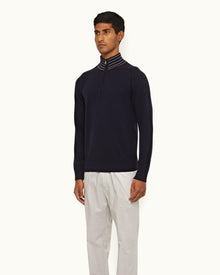 Night Iris/Sea Mist Stripe Rib Collar Cashmere Half-Zip Jumper | Night Iris/Sea Mist