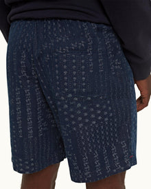 Indigo Solo Pastiche Relaxed Fit Drawcord Denim Jacquard Shorts | Indigo