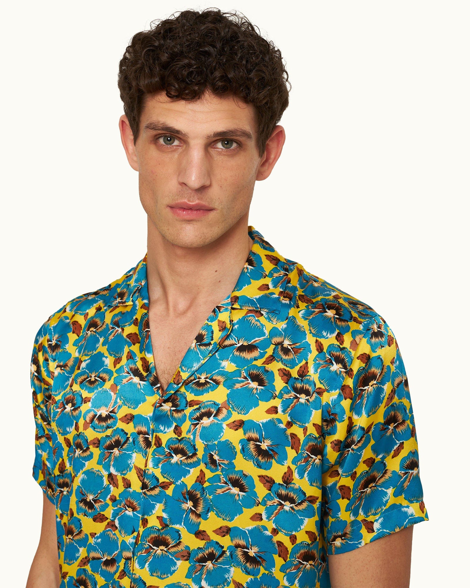 Petal Print Relaxed Fit Capri Collar Silk Shirt Woven In Italy in Lemon Meringue colour | Lemon Meringue