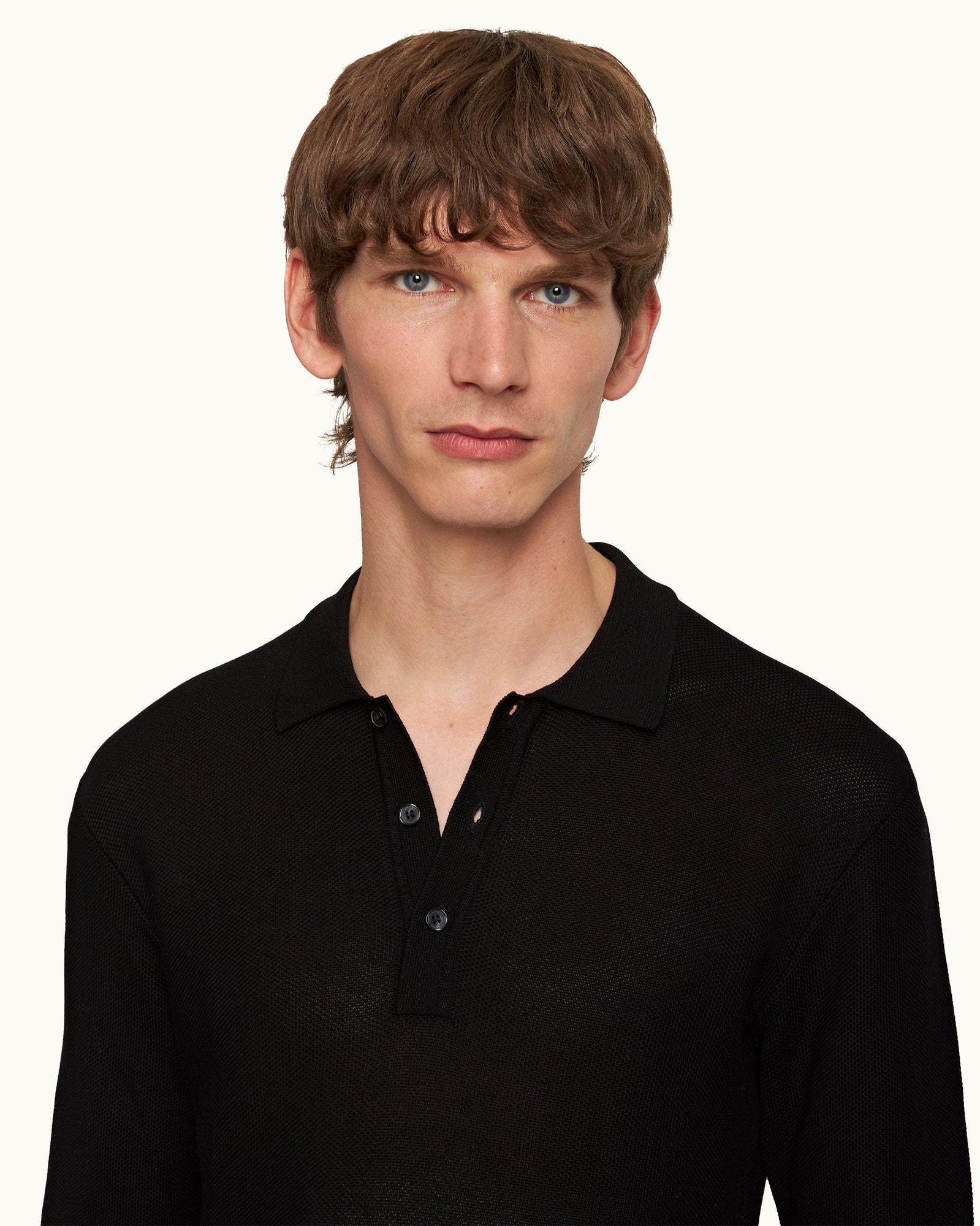Black Classic Fit Long-Sleeve Mercerised Cotton Polo Shirt | Black
