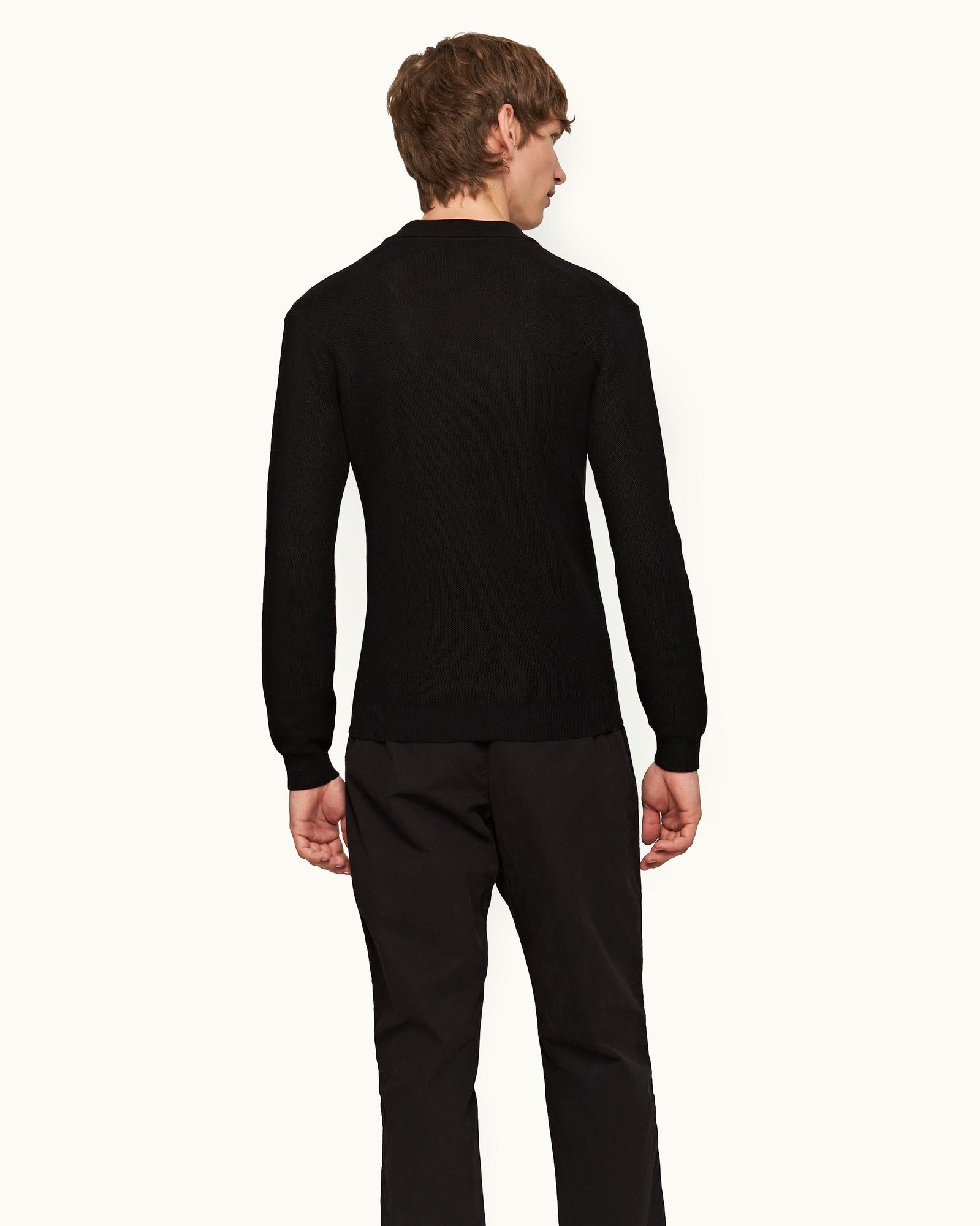 Black Classic Fit Long-Sleeve Mercerised Cotton Polo Shirt | Black