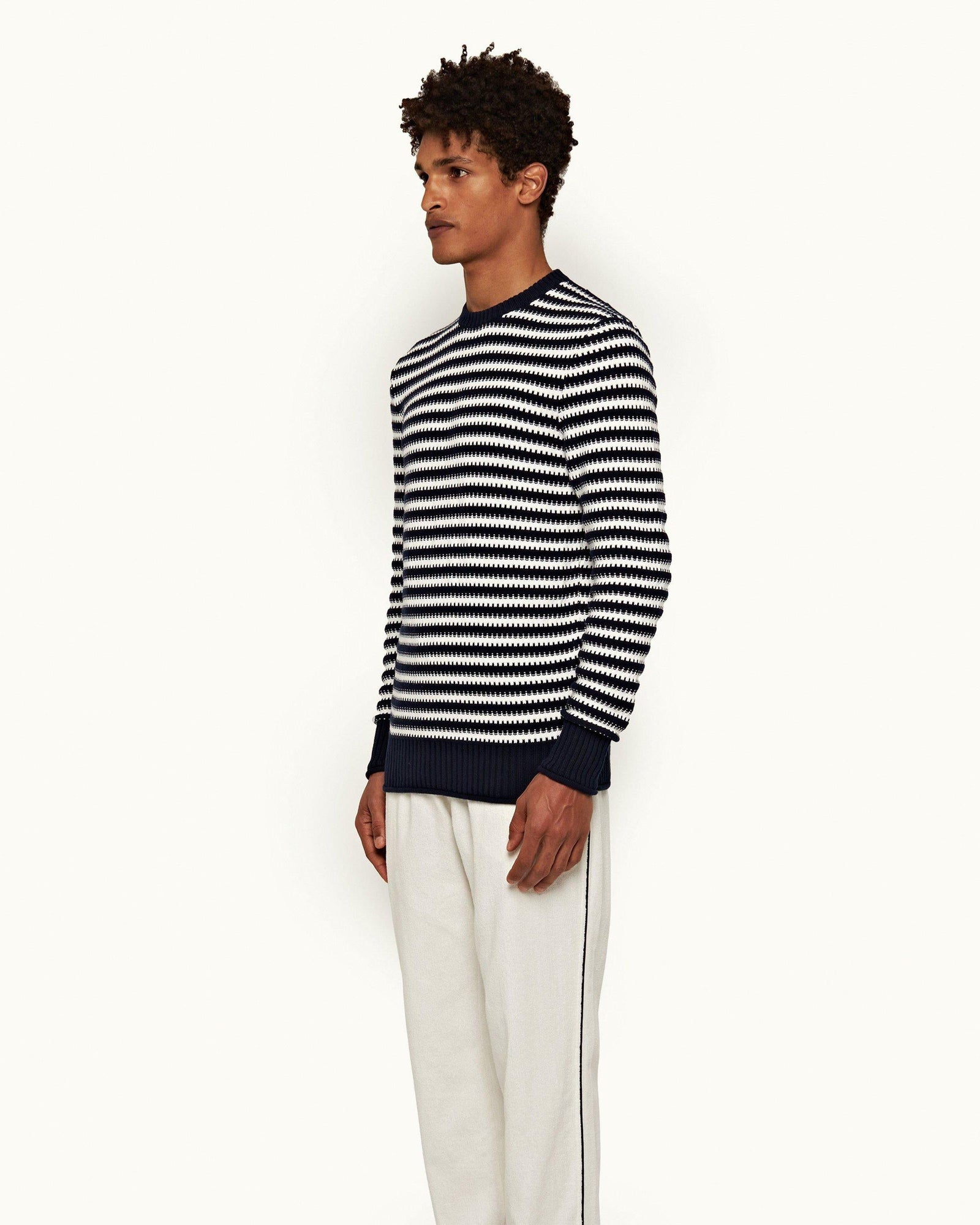 Ned Stripe Navy/White Sand Stripe Organic Cotton Jumper | Navy/White Sand