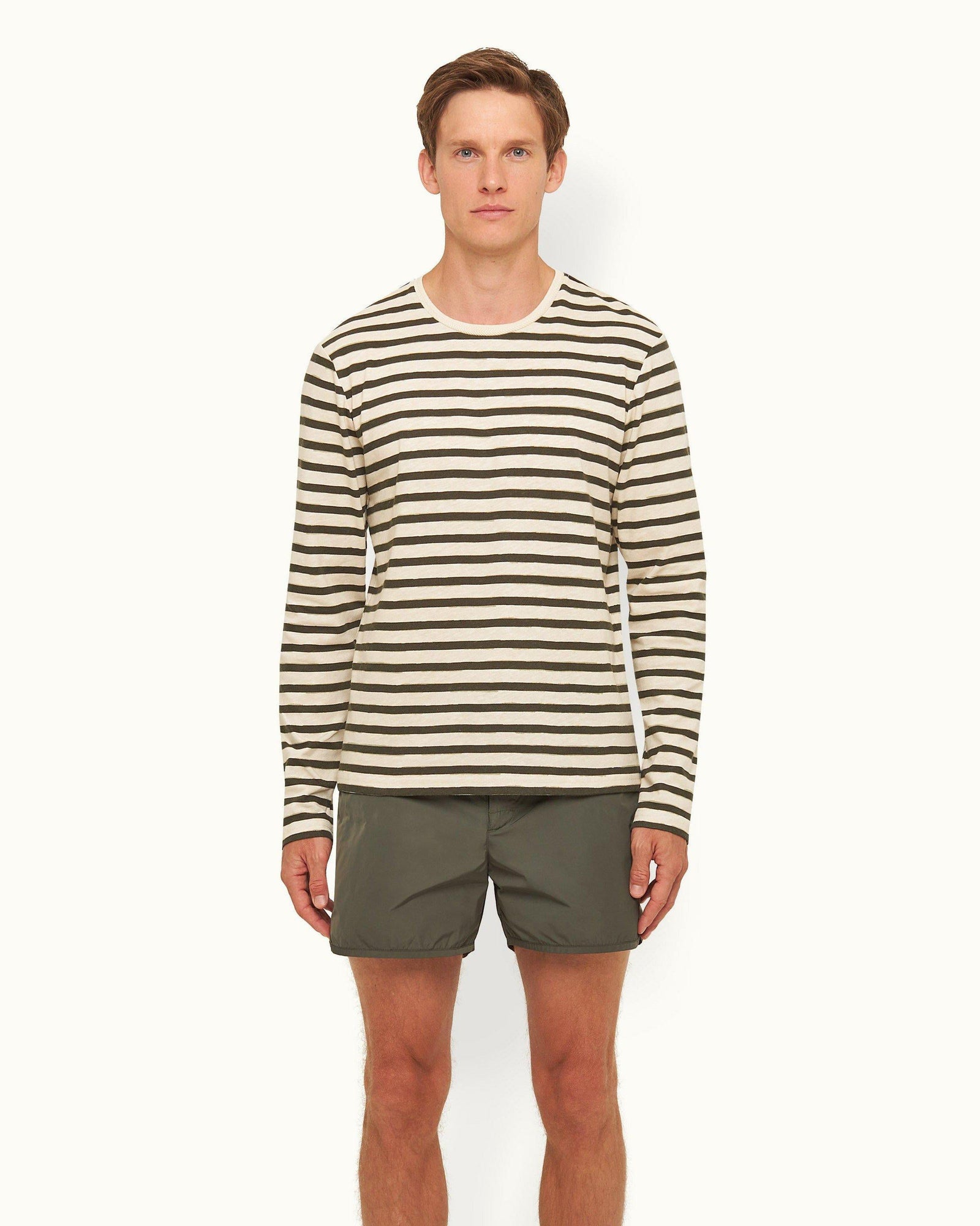Cloud/Forest Night Stripe Tailored Fit Long-Sleeve Crew Neck T-shirt | Cloud/Forest Night