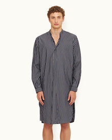 Midnight Navy Pinstripe Relaxed Fit Grandad Collar Cotton Nightshirt | Midnight Navy