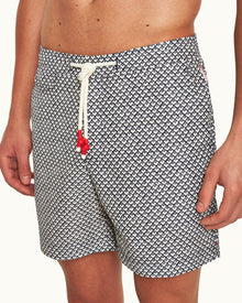 Standard Night Iris/White Sand Geo Print Mid-Length Drawcord Swim Shorts | Night Iris/White Sand