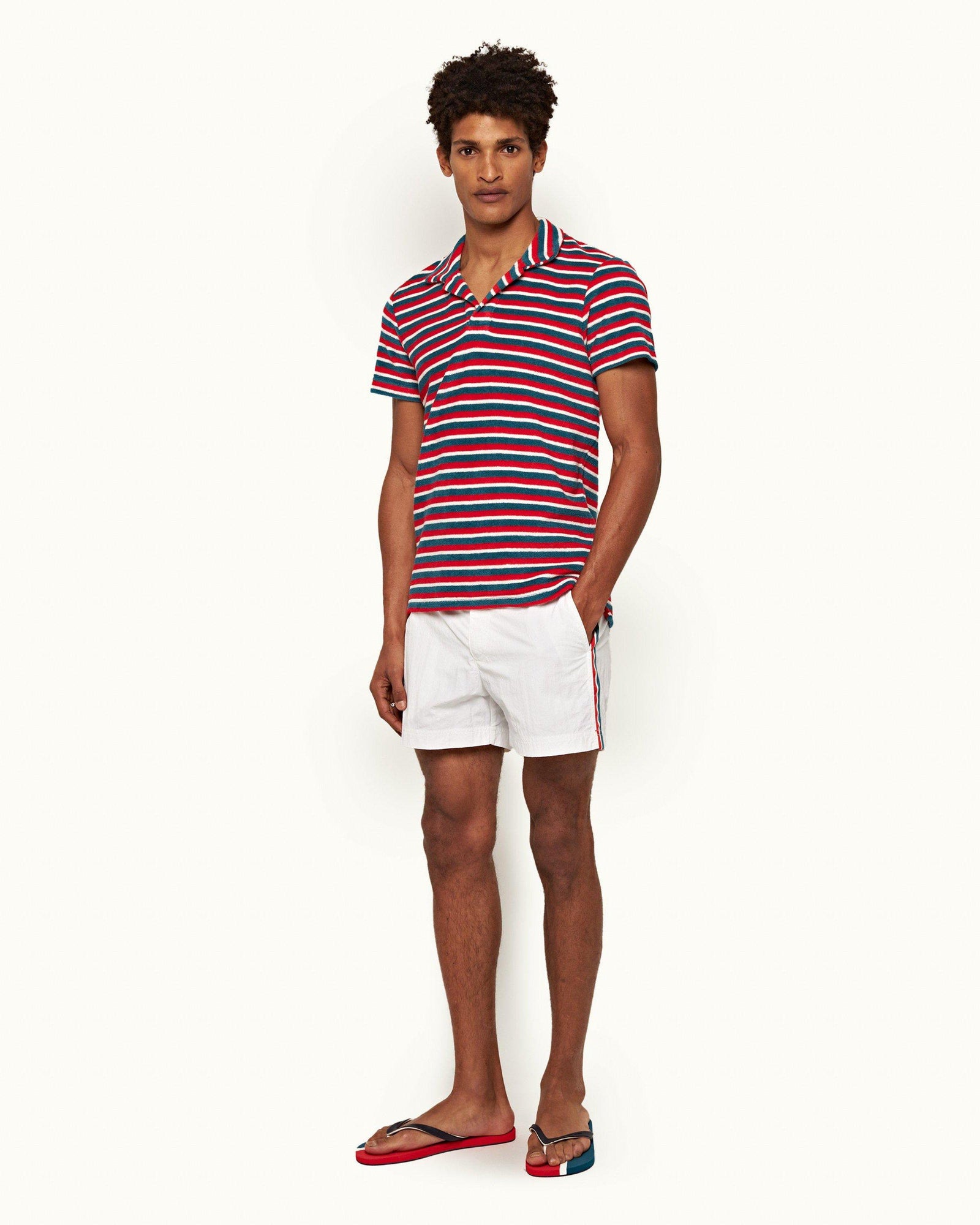 Terry Towelling Summer Red/Marina Aqua O.B Stripe Resort Polo Shirt | Summer Red/Marina Aqua