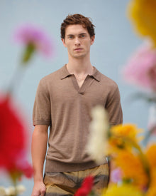 Tailored Fit Merino-Silk Knit Polo Shirt In Dark Biscuit Colour | Dark Biscuit