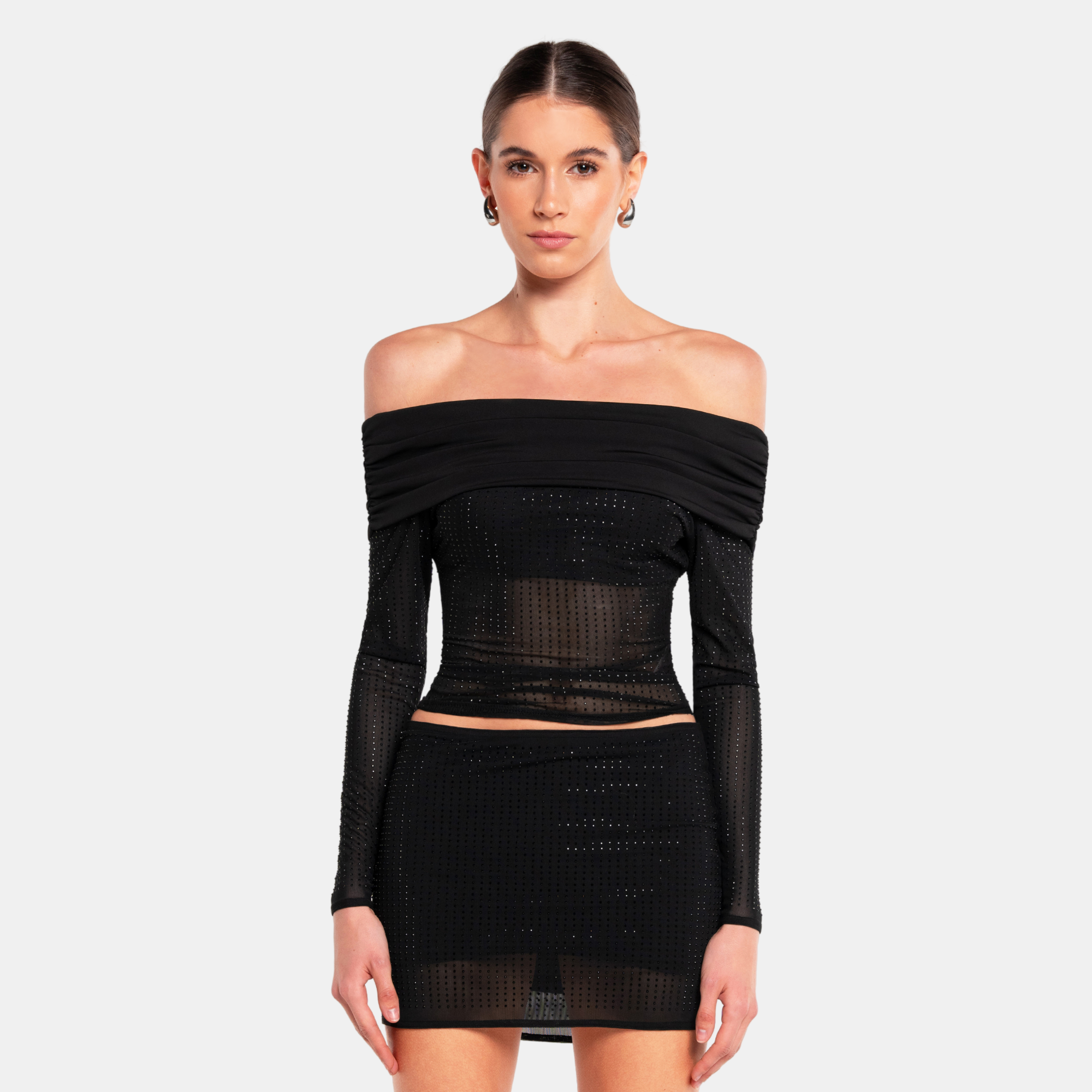 OW Collection Off Shoulder Rhinestone Blouse Blouse 002 - Black Caviar