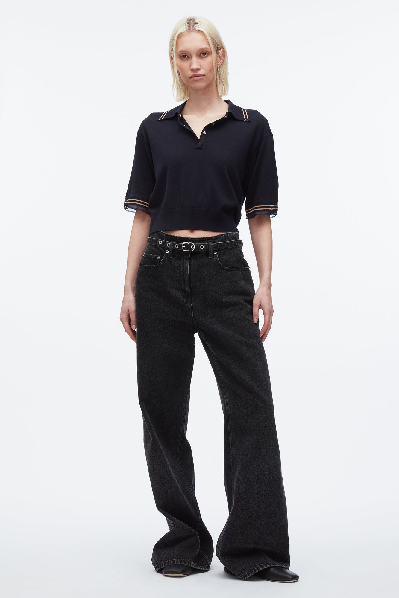 Cropped Polo with Organza | Navy