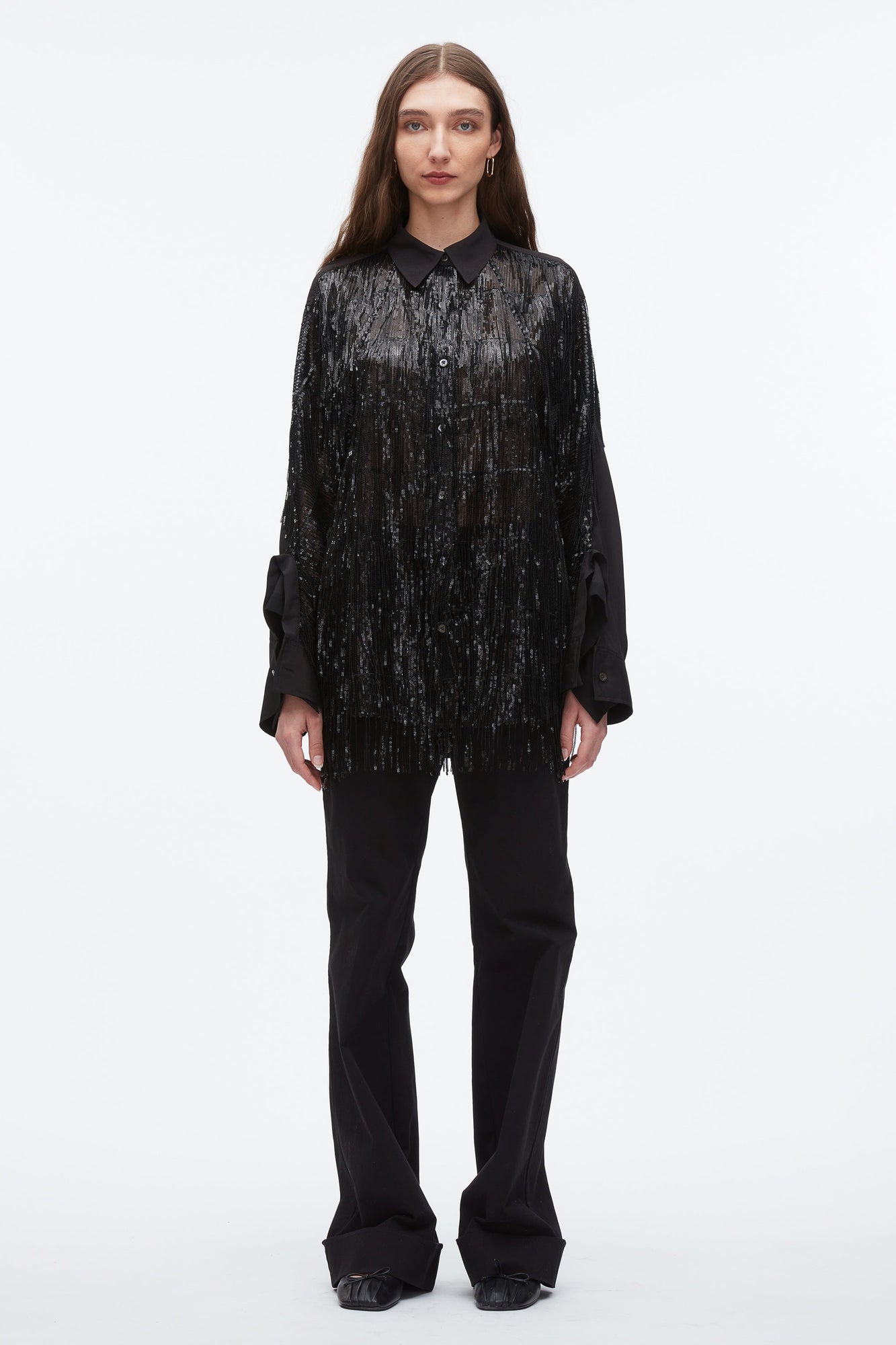 Sequin Fringe Shirt with Cascade Drape | Black