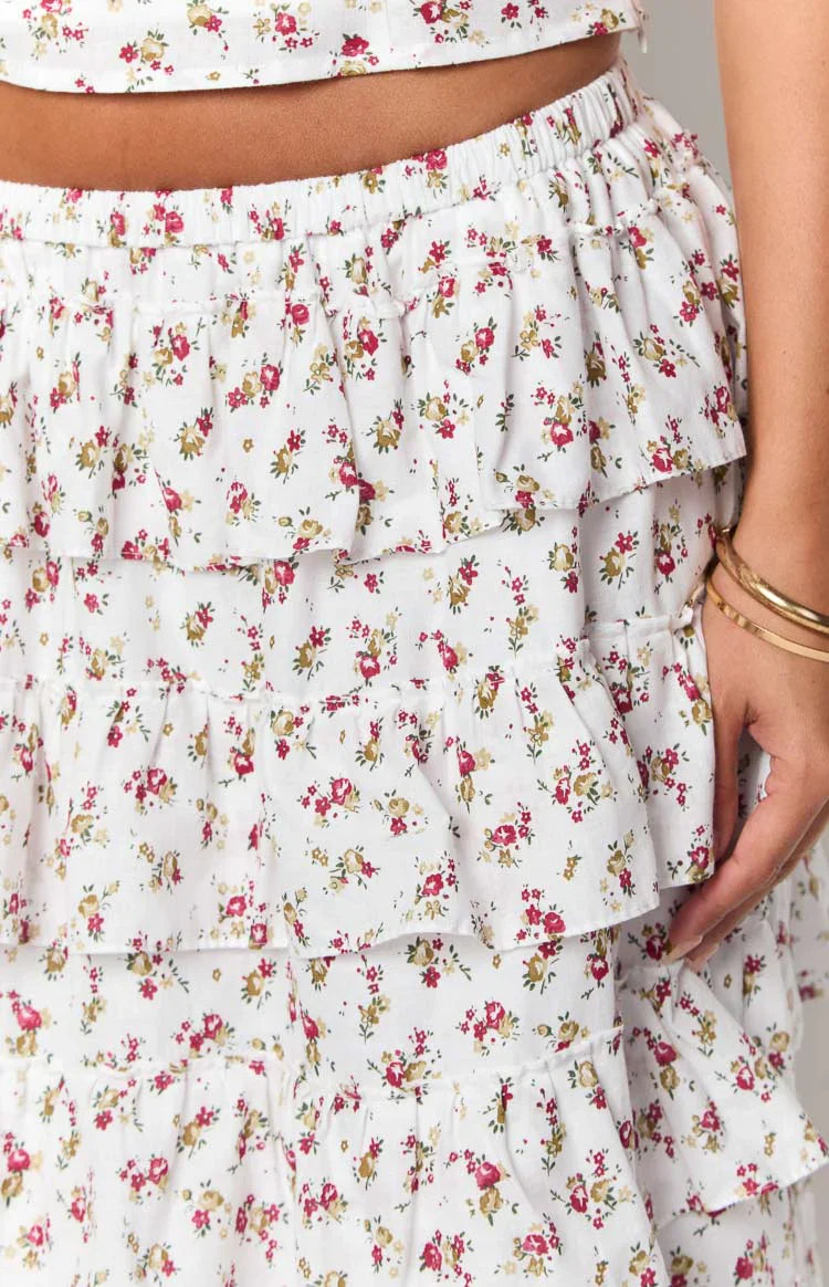 Paisley Floral Ruffle Maxi Skirt | White