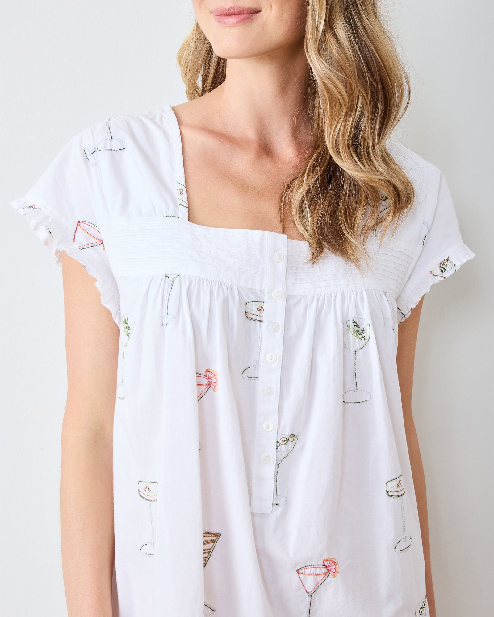 Martini Hour - Embroidered Pintuck Nightgown - Cloud - Printfresh