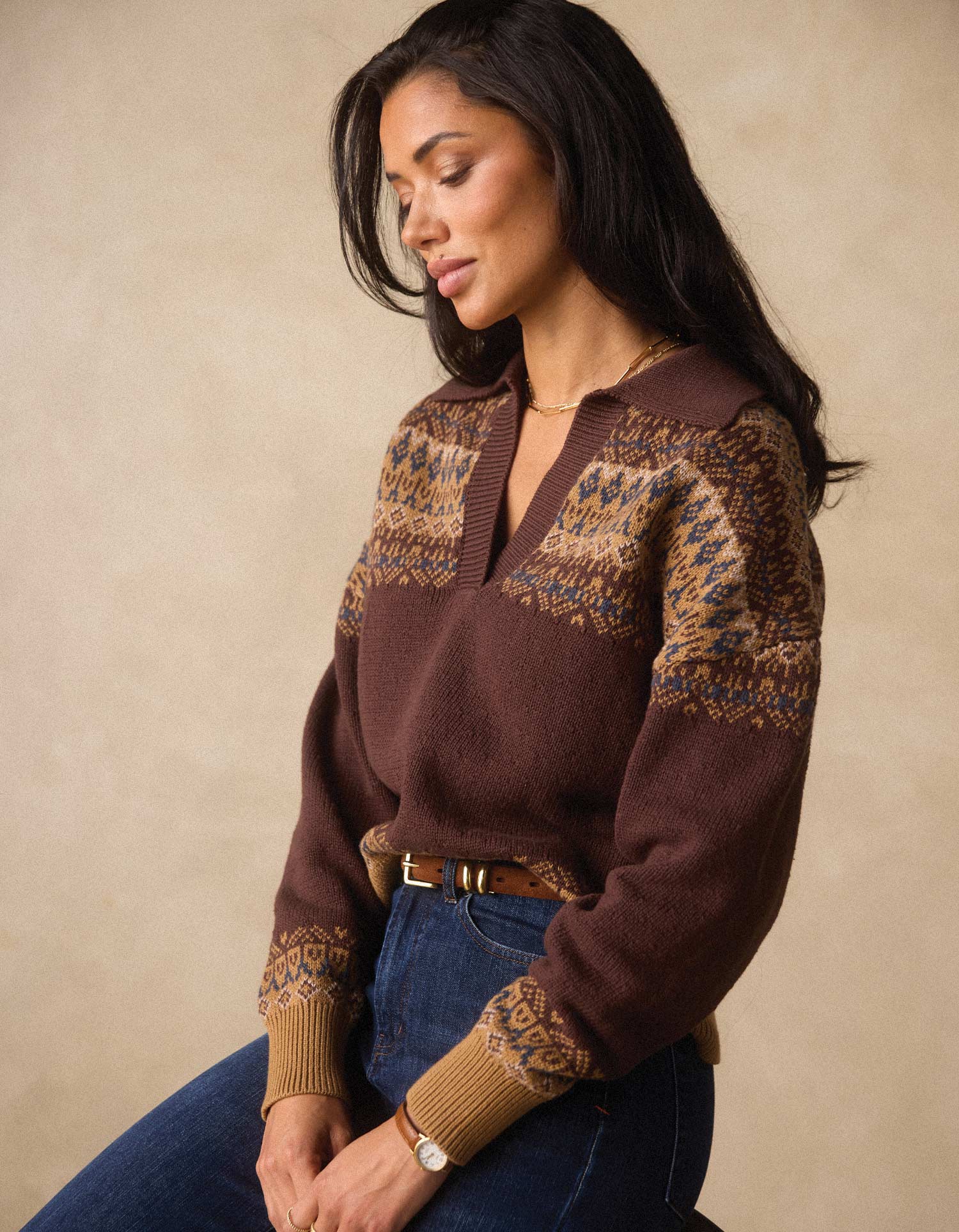 Women | Fair Isle Polo Sweater | Brown Multi