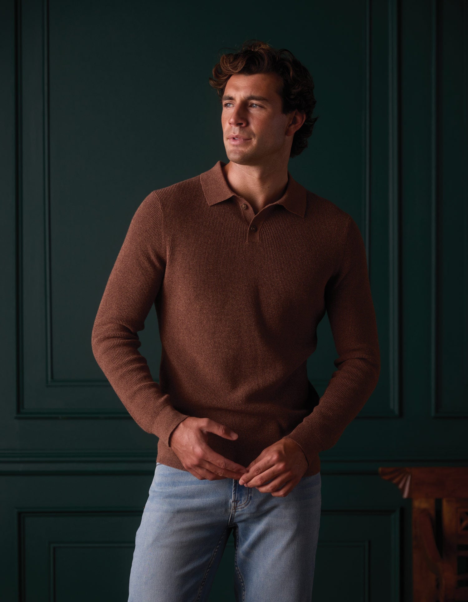 Men | Robles Knit Waffle Stitch Polo | Heather Brown
