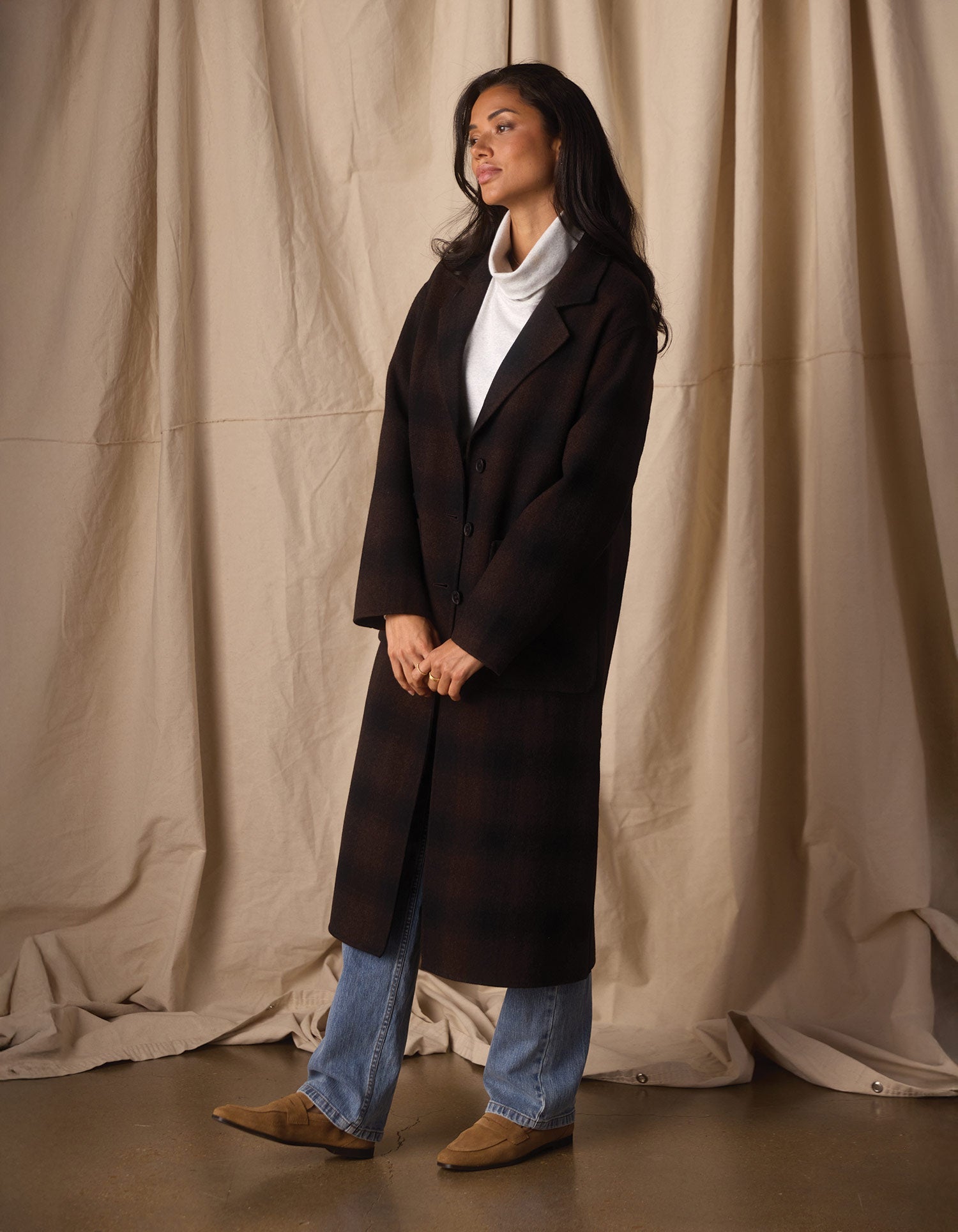 Women | Duster Coat | Midnight Brown Plaid