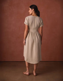 Women | Kalo Gauze Deep V Button Thru Dress | Pumice