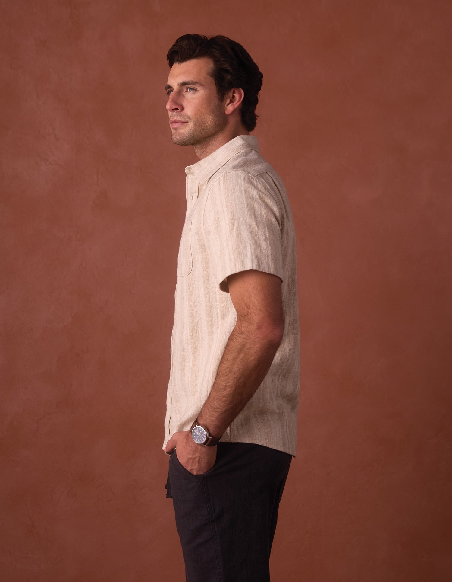 Men | Freshwater Short Sleeve Button Up Shirt | Sandstone Stripe
