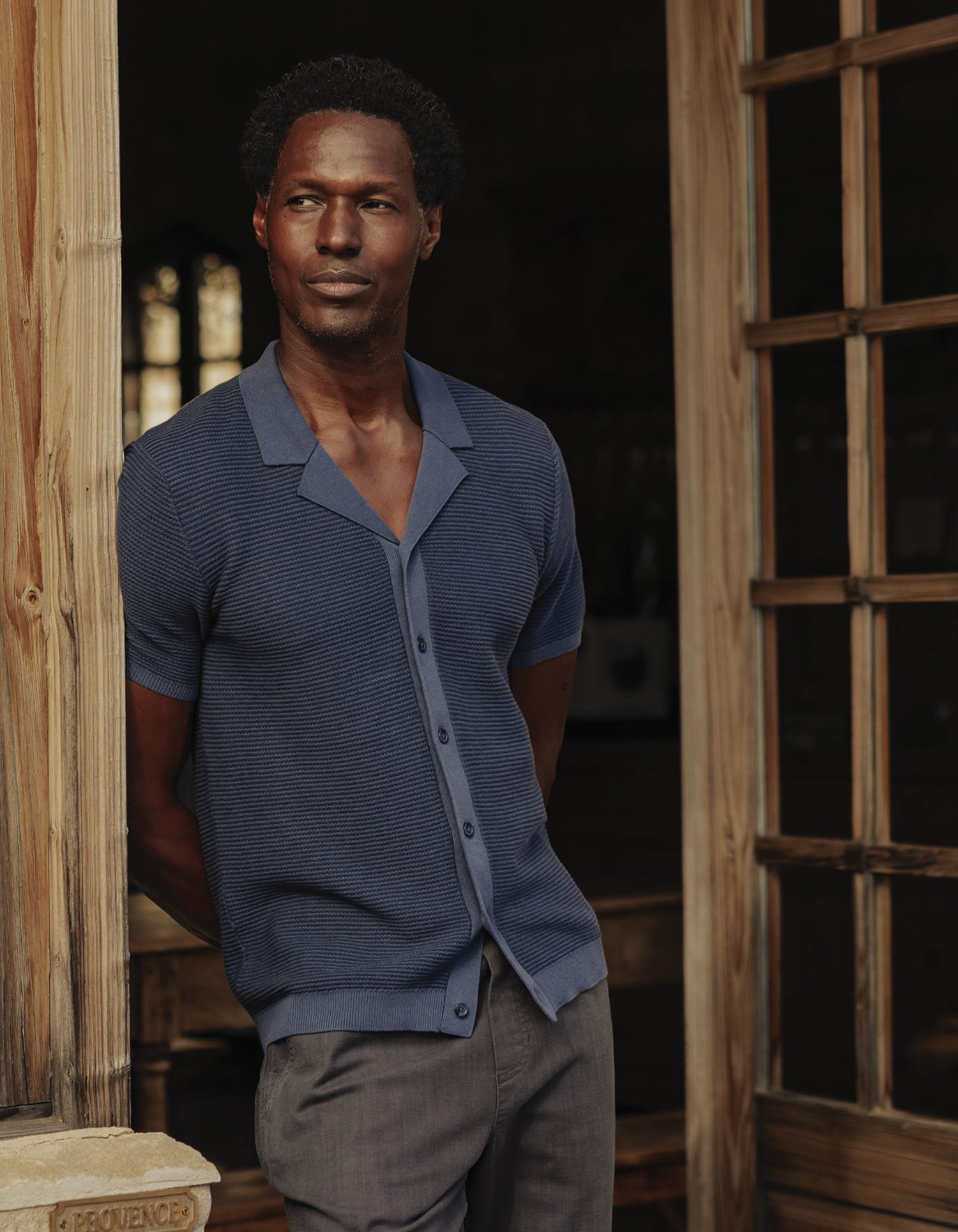 Men | Robles Birdseye Knit Camp Button Up | Denim/Dark Navy