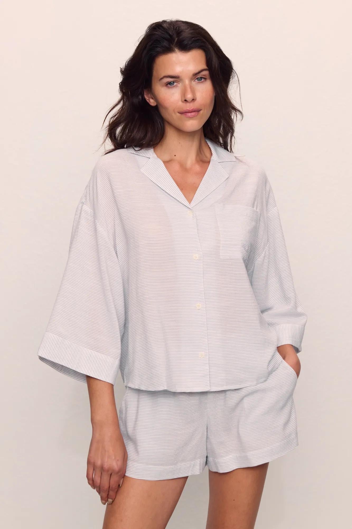 Model is wearing Nautico Relaxed Short PJ Set in  Feeder Stripes White/Peppercorn
