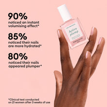 A hand holds Manucurist’s Active™ Plump Pink Glazed, a plant-based nail care product. Text highlights the percentages of users who noticed instant volumizing effects, more hydrated nails, and plumper nails after 3 weeks. The background is pink.