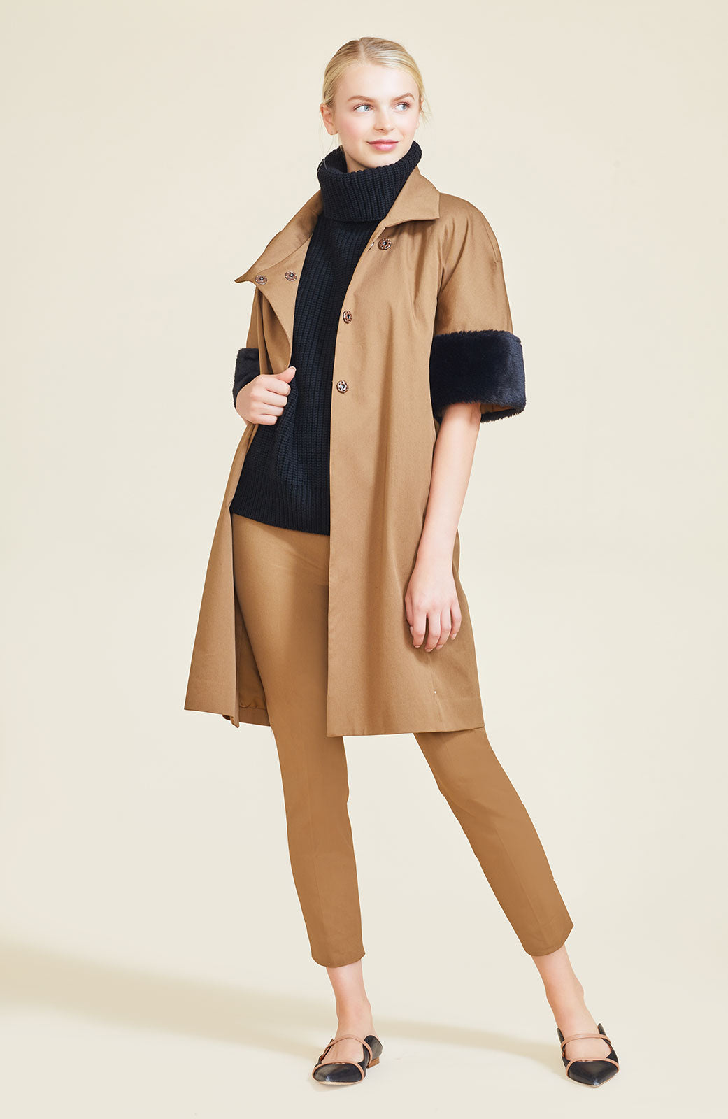 Twill Coat with Fur Cuffs | Camel