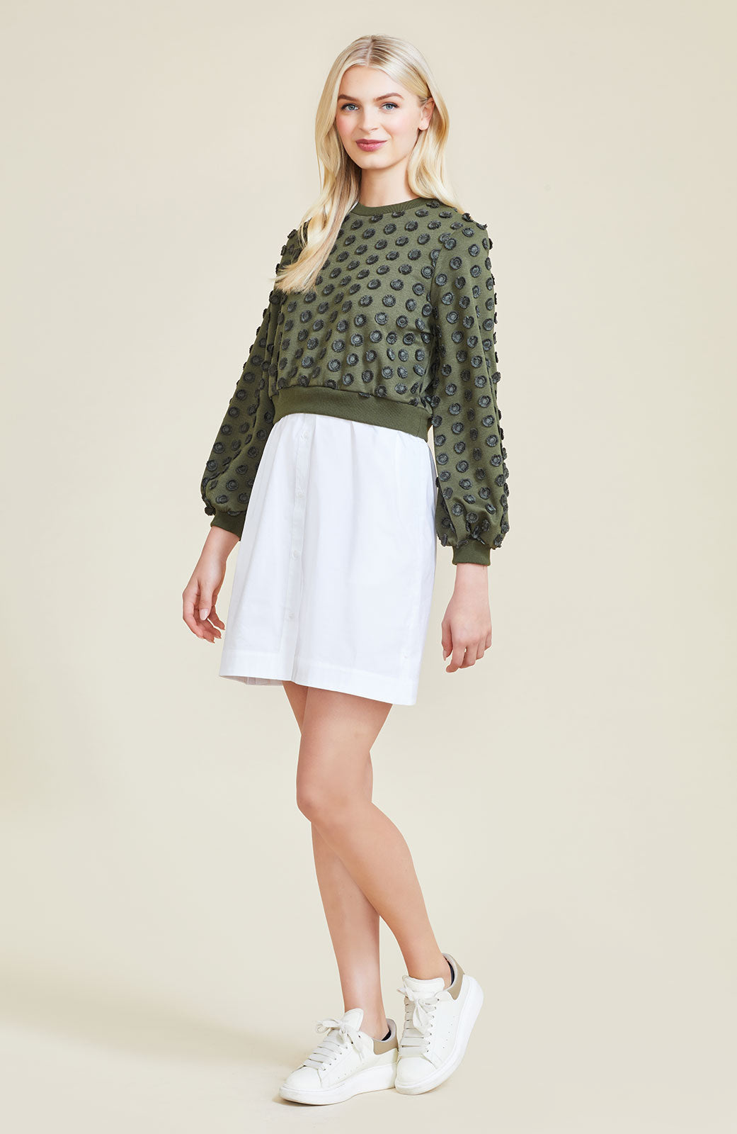 Embroidered Jersey Poplin Combo Dress | Olive