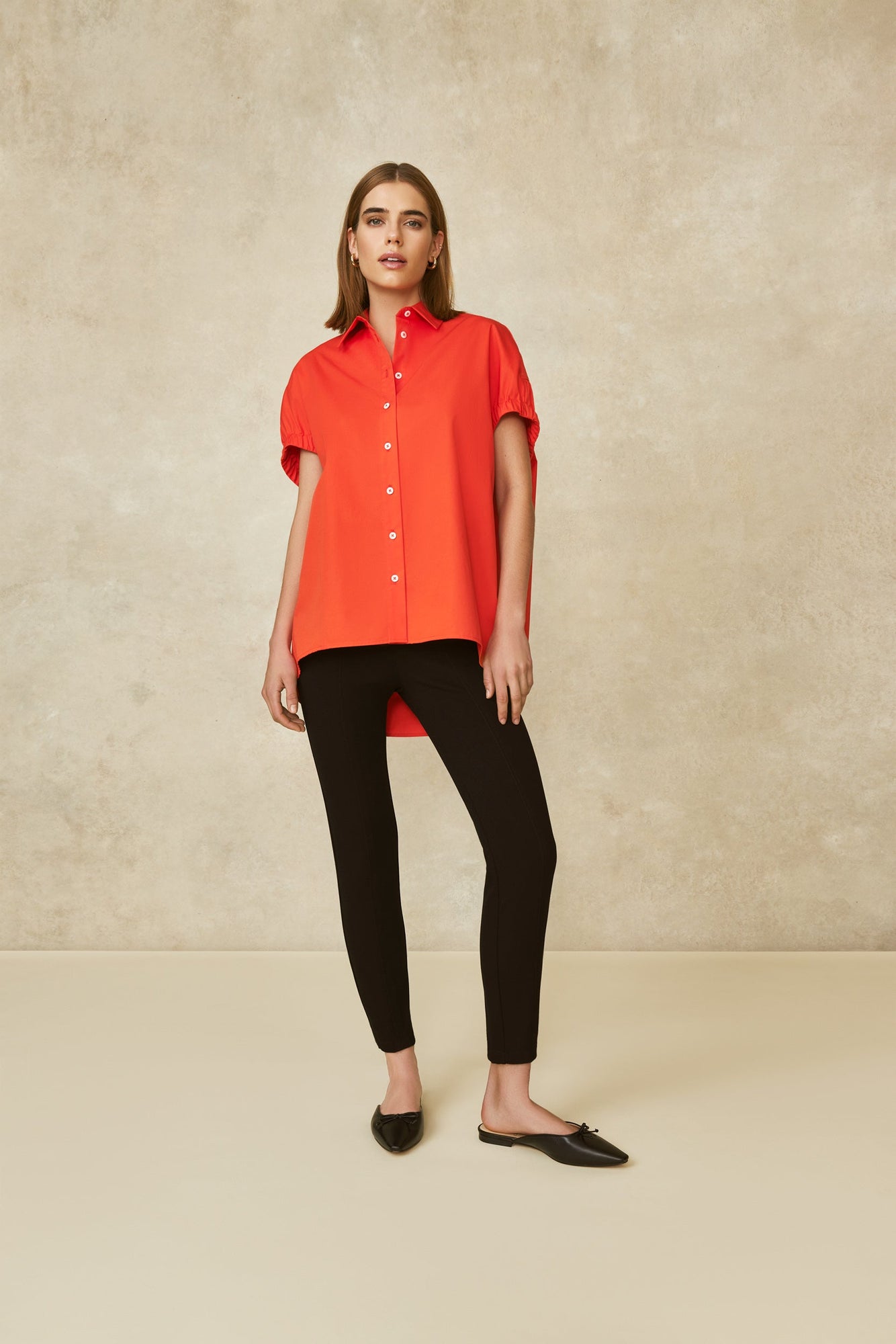 Coated Poplin Capelet Top | Vermillion