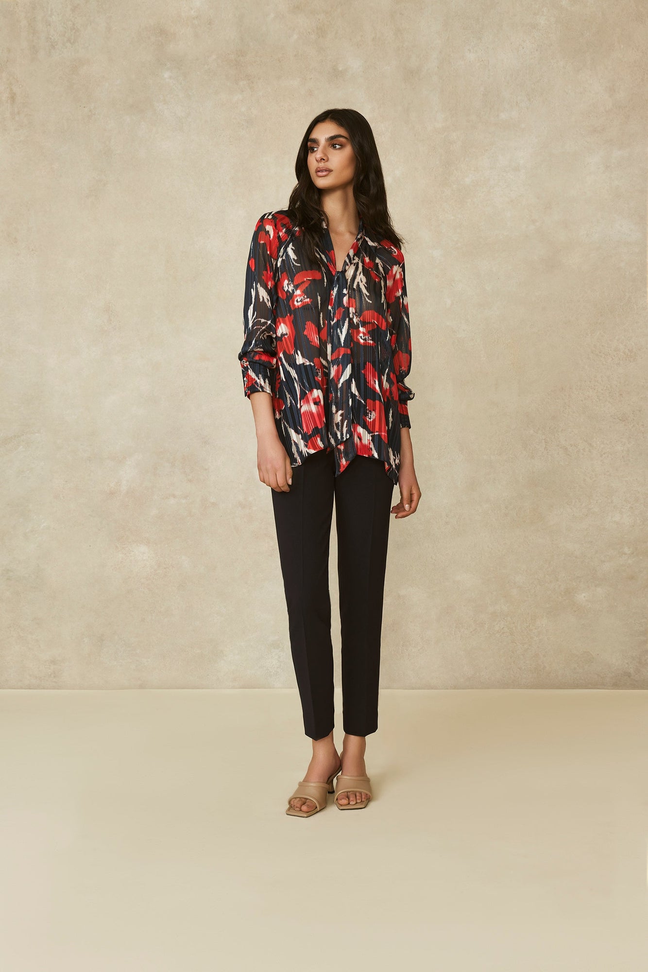 Metallic Floral Tie Neck Top | Navy Multi