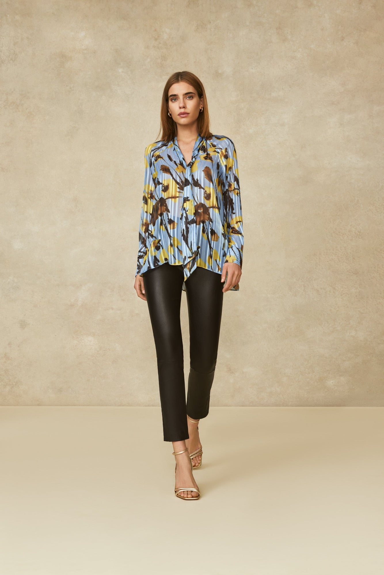 Metallic Floral Tie Neck Top | Sky Multi