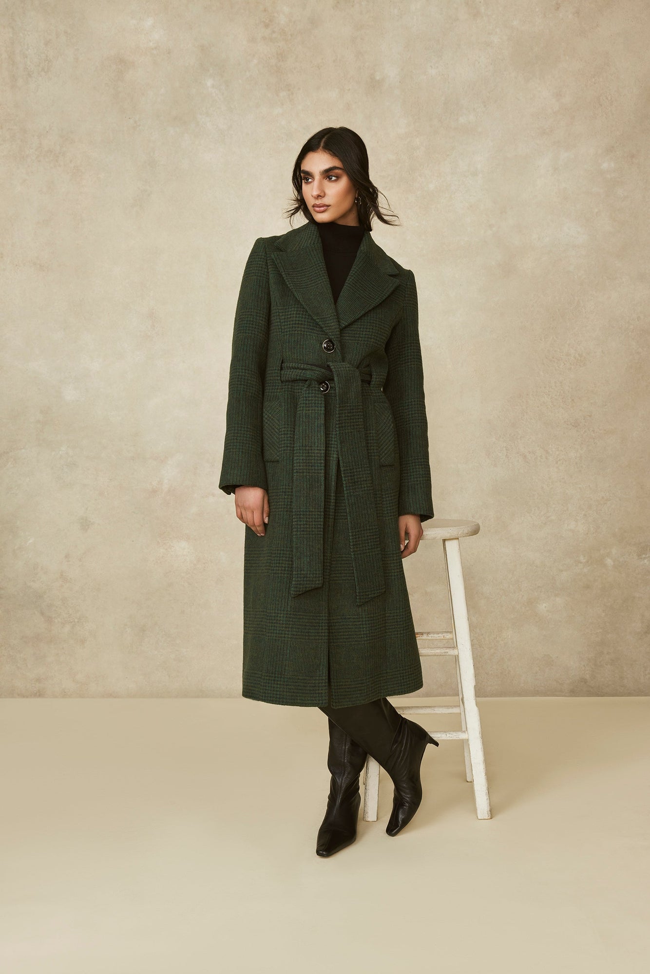 Plaid Brushed Wool Belted Coat | Forest