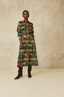 Equestrian Twill Pleated Shirt Dress | Forest Multi