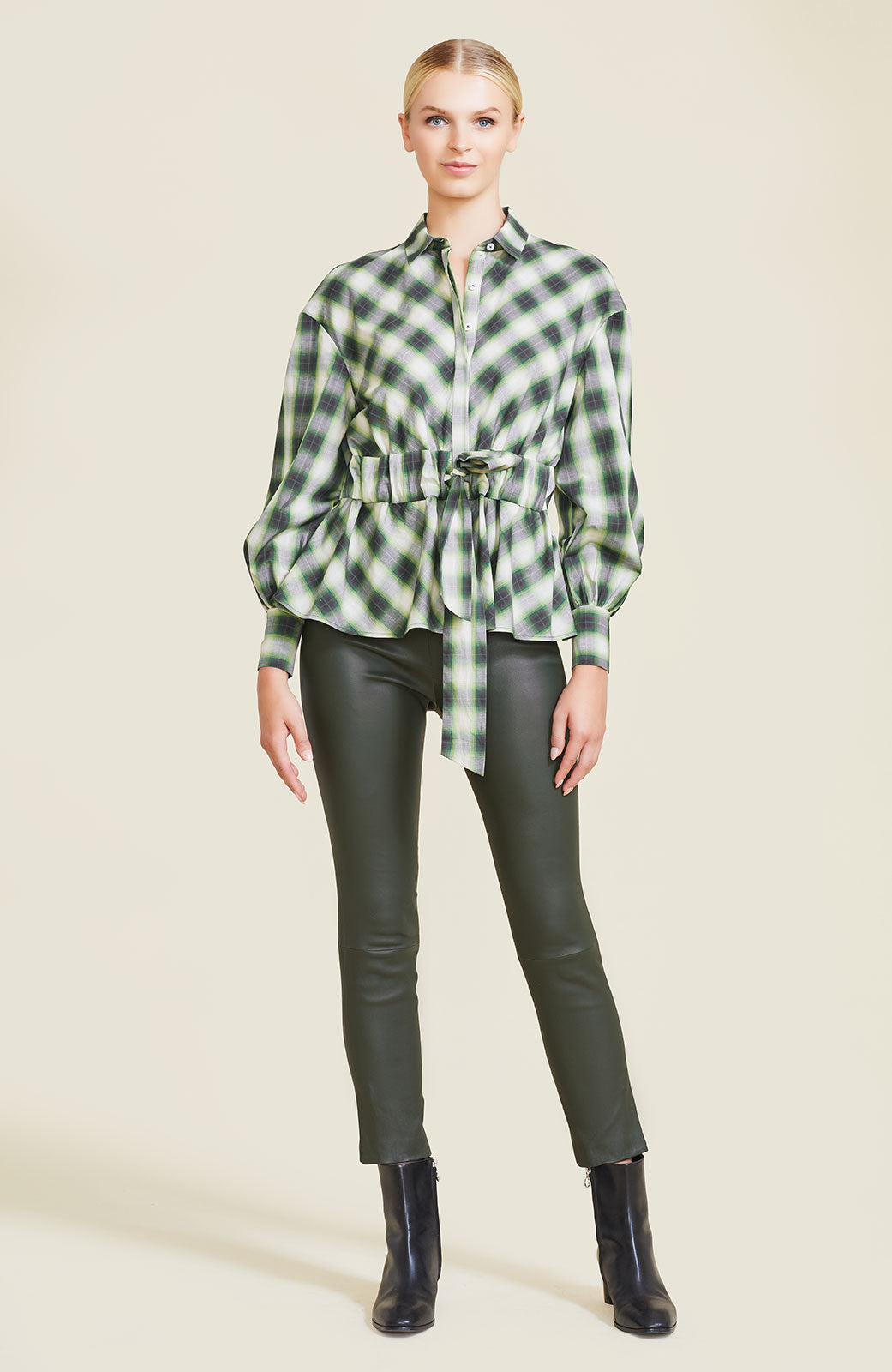 Plaid Poplin Tie Waist Top | Olive Multi