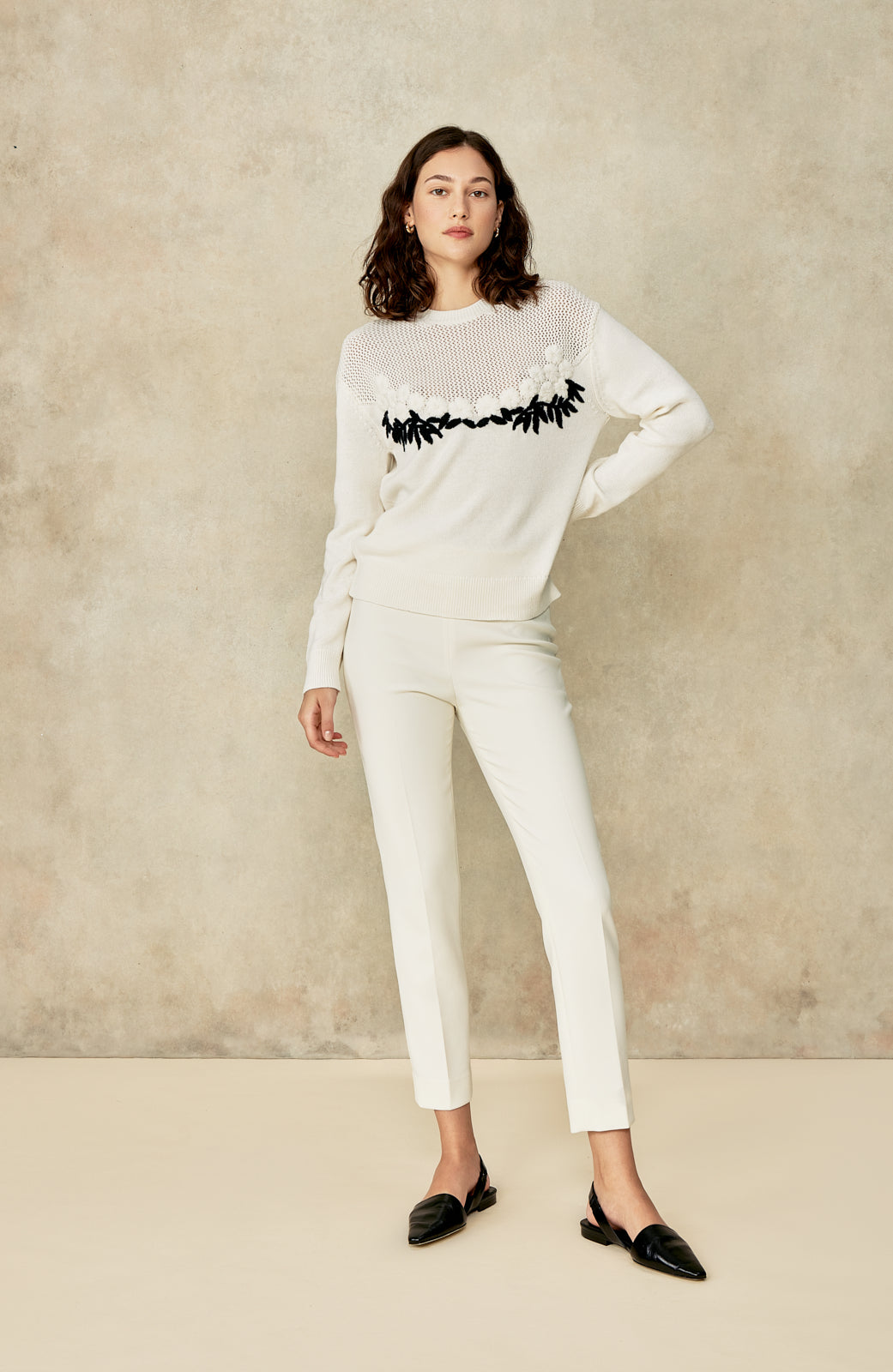 Floral Pointelle Embroidered Sweater | Ivory