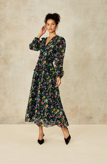 Floral Georgette V-Neck Midi Dress | Black Multi